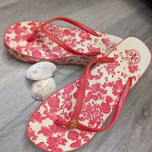 Tory Burch Coral Floral Flip-Flop Sandals with Gold Logo Charm